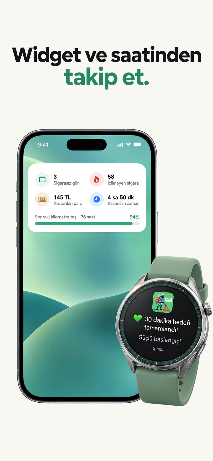 Sigara Savar mağaza görseli: widget ve saatten takip
