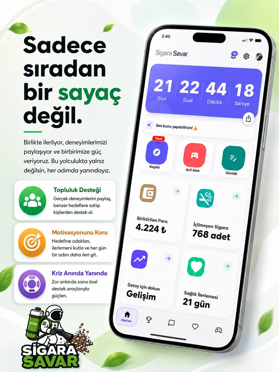 Sigara Savar ana sayfa uygulama ekranı