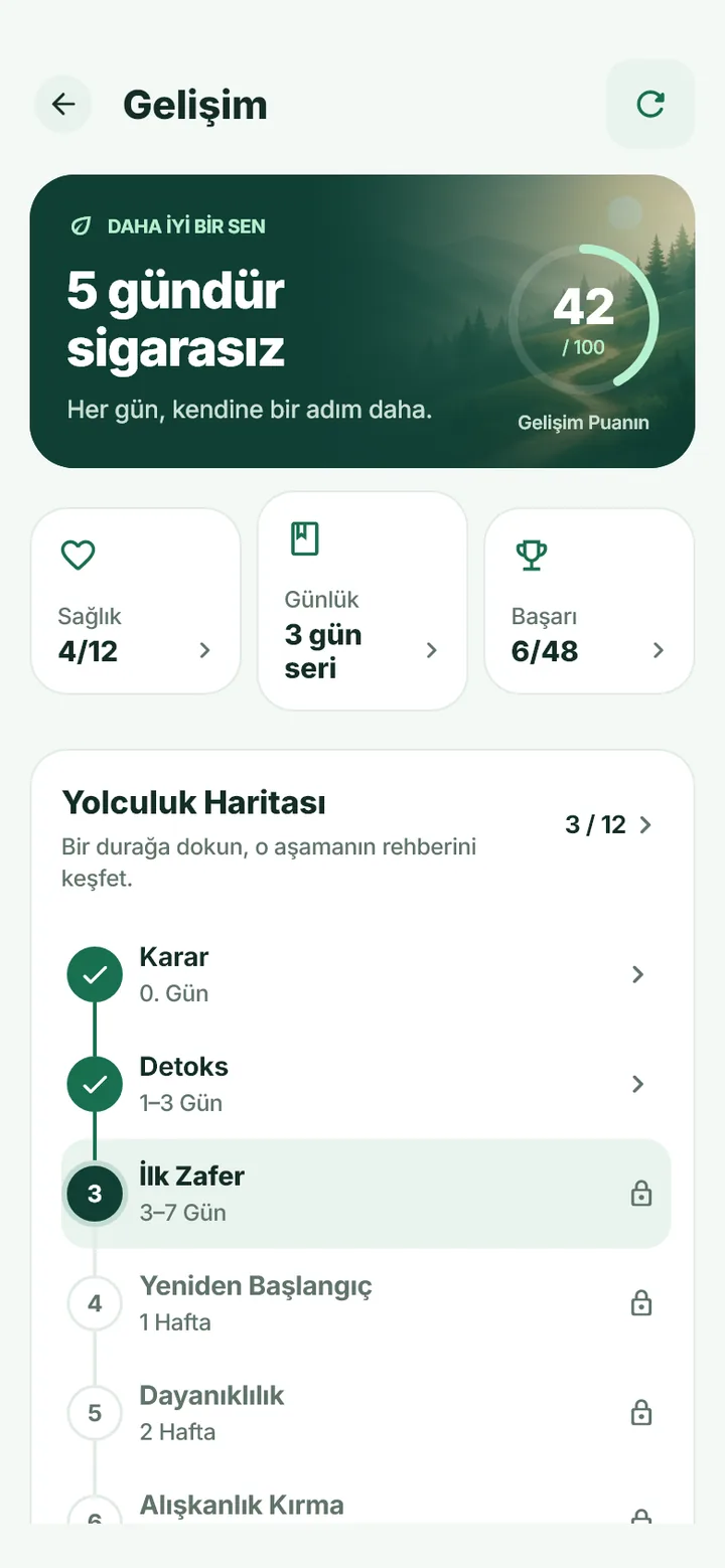 Sigara Savar Gelişim ekranında sigarasız geçen süre ve ilerleme takibi